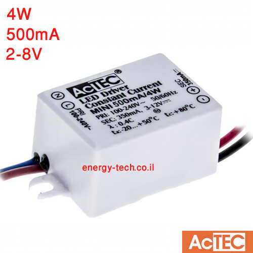 דרייבר לד AcTEC Mini 500mA 4w 2-8V IP65