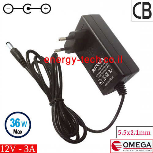 ספק כוח DC12V 3A תקע SAKAL 5.5x2.1mm